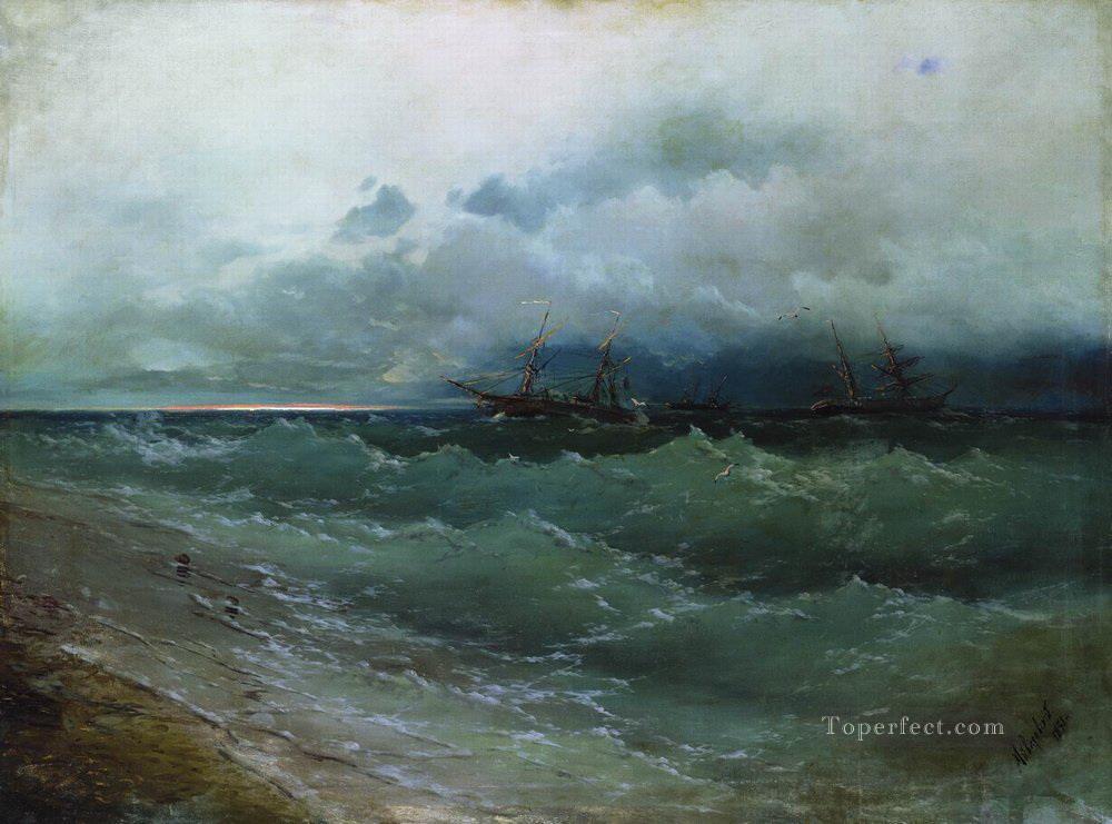 Barcos en el mar tormentoso amanecer 1871 Romántico Ivan Aivazovsky ruso Pintura al óleo